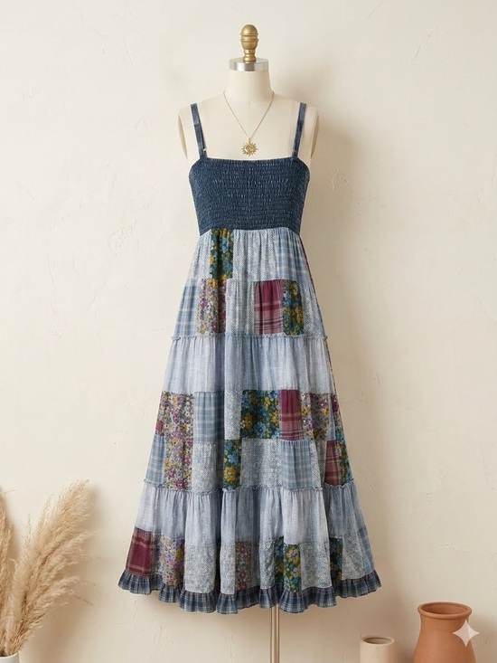 Young Threads Dresses & Skirts - NWT Young Threads Patchwork Boho Smocked Midi Dress Blue Floral Cottagecore Fes